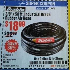 Harbor Freight Coupon DIABLO 3/8" X 50 FT. INDUSTRIAL GRADE RUBBER AIR HOSE Lot No. 62884 69580 61939 62890 Expired: 2/22/21 - $18.99