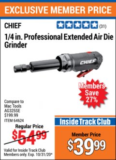 Harbor Freight ITC Coupon 1/4" PROFESSIONAL EXTENDED AIR DIE GRINDER Lot No. 64624 Expired: 10/31/20 - $39.99