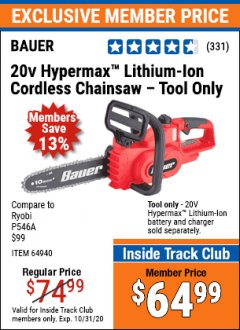 Harbor Freight ITC Coupon BAUER 20 VOLT LITHIUM CORDLESS 10" CHAIN SAW Lot No. 64940 Expired: 10/31/20 - $64.99