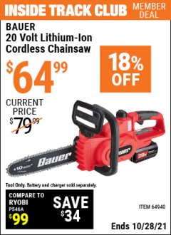Harbor Freight ITC Coupon BAUER 20 VOLT LITHIUM CORDLESS 10" CHAIN SAW Lot No. 64940 Expired: 10/28/21 - $64.99