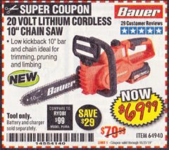 Harbor Freight Coupon BAUER 20 VOLT LITHIUM CORDLESS 10" CHAIN SAW Lot No. 64940 Expired: 10/31/19 - $69.99