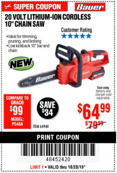 Harbor Freight Coupon BAUER 20 VOLT LITHIUM CORDLESS 10" CHAIN SAW Lot No. 64940 Expired: 10/20/19 - $64.99