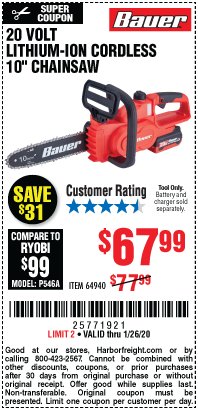 Harbor Freight Coupon BAUER 20 VOLT LITHIUM CORDLESS 10" CHAIN SAW Lot No. 64940 Expired: 1/26/20 - $67.99