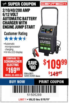 Harbor Freight Coupon CEN-TECH 2/10/40/200 AMP 6/12 VOLT AUTOMATIC BATTERY CHARGER WITH ENGINE JUMP START Lot No. 63423/56422/63873 Expired: 8/18/19 - $109.99