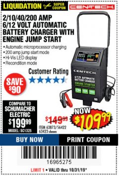 Harbor Freight Coupon CEN-TECH 2/10/40/200 AMP 6/12 VOLT AUTOMATIC BATTERY CHARGER WITH ENGINE JUMP START Lot No. 63423/56422/63873 Expired: 10/31/19 - $109.99