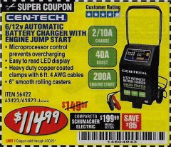 Harbor Freight Coupon CEN-TECH 2/10/40/200 AMP 6/12 VOLT AUTOMATIC BATTERY CHARGER WITH ENGINE JUMP START Lot No. 63423/56422/63873 Expired: 6/30/20 - $114.99