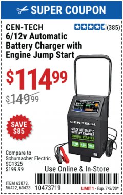Harbor Freight Coupon CEN-TECH 2/10/40/200 AMP 6/12 VOLT AUTOMATIC BATTERY CHARGER WITH ENGINE JUMP START Lot No. 63423/56422/63873 Expired: 7/5/20 - $114.99