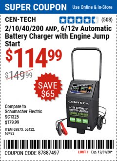 Harbor Freight Coupon CEN-TECH 2/10/40/200 AMP 6/12 VOLT AUTOMATIC BATTERY CHARGER WITH ENGINE JUMP START Lot No. 63423/56422/63873 Expired: 12/31/20 - $114.99