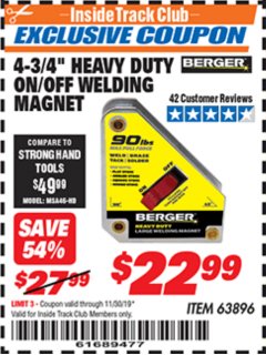 Harbor Freight ITC Coupon 4 3/4" HEAVY DUTY ON/OFF WELDING MAGNET Lot No. 63896 Expired: 11/30/19 - $22.99