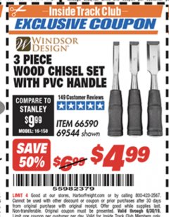 Harbor Freight ITC Coupon 3 PIECE WOOD CHISEL SET WITH PVC HANDLE Lot No. 66590 / 69544 Expired: 6/30/19 - $4.99