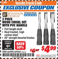 Harbor Freight ITC Coupon 3 PIECE WOOD CHISEL SET WITH PVC HANDLE Lot No. 66590 / 69544 Expired: 11/30/19 - $4.99