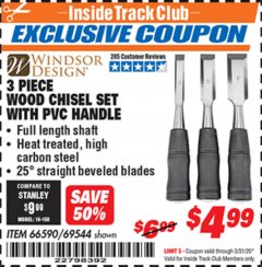 Harbor Freight ITC Coupon 3 PIECE WOOD CHISEL SET WITH PVC HANDLE Lot No. 66590 / 69544 Expired: 3/31/20 - $4.99