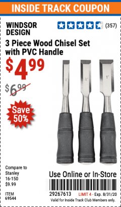 Harbor Freight ITC Coupon 3 PIECE WOOD CHISEL SET WITH PVC HANDLE Lot No. 66590 / 69544 Expired: 8/31/20 - $4.99