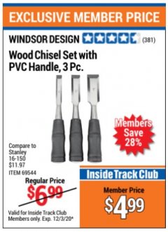 Harbor Freight ITC Coupon 3 PIECE WOOD CHISEL SET WITH PVC HANDLE Lot No. 66590 / 69544 Expired: 12/3/20 - $4.99