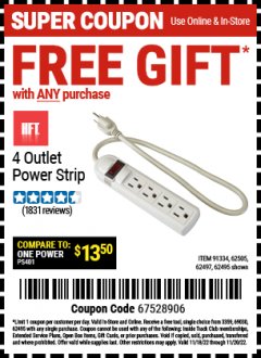 Harbor Freight FREE Coupon 4 OUTLET POWER STRIP Lot No. 69689/62495/62497/62505/91334 Expired: 11/20/22 - FWP