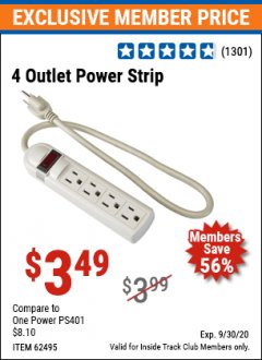 Harbor Freight ITC Coupon 4 OUTLET POWER STRIP Lot No. 69689/62495/62497/62505/91334 Expired: 9/30/20 - $3.49