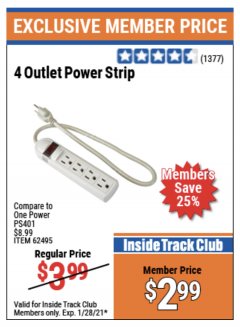 Harbor Freight ITC Coupon 4 OUTLET POWER STRIP Lot No. 69689/62495/62497/62505/91334 Expired: 1/28/21 - $2.99