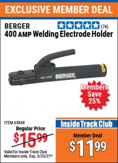 Harbor Freight ITC Coupon 400 AMP WELDING ELECTRODE HOLDER Lot No. 63848 Expired: 3/25/21 - $11.99
