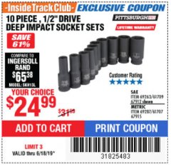 Harbor Freight ITC Coupon 10 PIECE, 1/2" DRIVE DEEP IMPACT SOCKET SETS Lot No. 67912/69263/61709/69287/61707/67915 Expired: 6/18/19 - $24.99