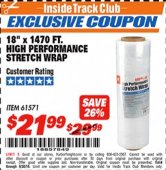Harbor Freight ITC Coupon 18"  1470 FT. HIGH PERFORMANCE STRETCH WRAP Lot No. 61571/94172 Expired: 9/30/18 - $21.99