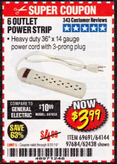 Harbor Freight Coupon 6 OUTLET POWER STRIP Lot No. 69691, 64144, 97684, 62438 Expired: 8/31/19 - $3.99