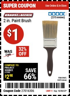 Harbor Freight Coupon 2 IN. PROFESSIONAL PAINT BRUSH Lot No. 39687, 62676 Expired: 10/30/22 - $1