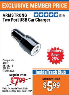 Harbor Freight ITC Coupon TWO PORT USB CAR ADAPTER  Lot No. 64976 Expired: 12/31/20 - $5.99