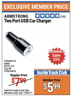 Harbor Freight ITC Coupon TWO PORT USB CAR ADAPTER  Lot No. 64976 Expired: 1/28/21 - $5.99