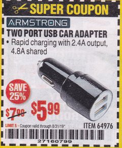 Harbor Freight Coupon TWO PORT USB CAR ADAPTER  Lot No. 64976 Expired: 8/31/19 - $5.99