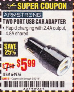 Harbor Freight Coupon TWO PORT USB CAR ADAPTER  Lot No. 64976 Expired: 9/30/19 - $5.99