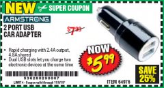 Harbor Freight Coupon TWO PORT USB CAR ADAPTER  Lot No. 64976 Expired: 11/9/19 - $5.99