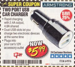 Harbor Freight Coupon TWO PORT USB CAR ADAPTER  Lot No. 64976 Expired: 11/30/19 - $5.99