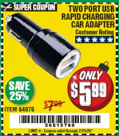 Harbor Freight Coupon TWO PORT USB CAR ADAPTER  Lot No. 64976 Expired: 2/15/20 - $5.99