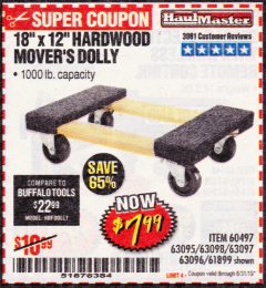 Harbor Freight Coupon 18"X12", 1000 LB. HARDWOOD MOVER'S DOLLY Lot No. 63095/63098/63097/60497/63096/61899 Expired: 8/31/19 - $7.99