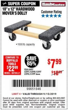 Harbor Freight Coupon 18"X12", 1000 LB. HARDWOOD MOVER'S DOLLY Lot No. 63095/63098/63097/60497/63096/61899 Expired: 9/15/19 - $7.99
