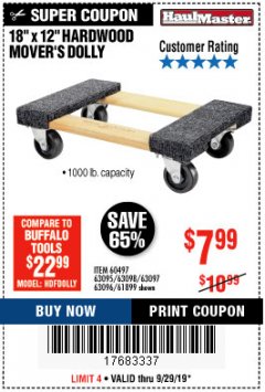 Harbor Freight Coupon 18"X12", 1000 LB. HARDWOOD MOVER'S DOLLY Lot No. 63095/63098/63097/60497/63096/61899 Expired: 9/29/19 - $7.99