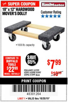 Harbor Freight Coupon 18"X12", 1000 LB. HARDWOOD MOVER'S DOLLY Lot No. 63095/63098/63097/60497/63096/61899 Expired: 10/20/19 - $7.99