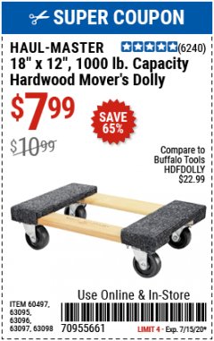 Harbor Freight Coupon 18"X12", 1000 LB. HARDWOOD MOVER'S DOLLY Lot No. 63095/63098/63097/60497/63096/61899 Expired: 7/15/20 - $7.99