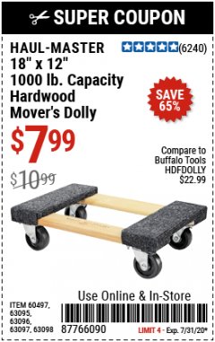 Harbor Freight Coupon 18"X12", 1000 LB. HARDWOOD MOVER'S DOLLY Lot No. 63095/63098/63097/60497/63096/61899 Expired: 7/31/20 - $7.99
