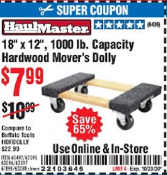 Harbor Freight Coupon 18"X12", 1000 LB. HARDWOOD MOVER'S DOLLY Lot No. 63095/63098/63097/60497/63096/61899 Expired: 10/23/20 - $7.99