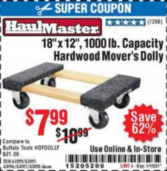 Harbor Freight Coupon 18"X12", 1000 LB. HARDWOOD MOVER'S DOLLY Lot No. 63095/63098/63097/60497/63096/61899 Expired: 1/15/21 - $7.99