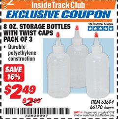 Harbor Freight ITC Coupon 8 OZ. STORAGE BOTTLES WITH TWIST CAPS PACK OF 3 Lot No. 63694, 66170 Expired: 9/30/19 - $2.49