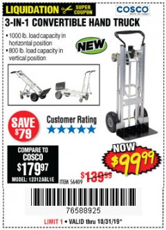 Harbor Freight Coupon FRANKLIN 3-IN-1 CONVERTIBLE HAND TRUCK Lot No. 56409 Expired: 10/31/19 - $99.99