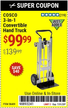 Harbor Freight Coupon FRANKLIN 3-IN-1 CONVERTIBLE HAND TRUCK Lot No. 56409 Expired: 7/31/20 - $99.99