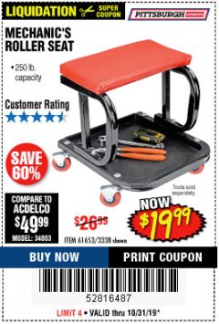 Harbor Freight Coupon MECHANIC'S ROLLER SEAT, PNEUMATIC ADJUSTABLE ROLLER SEAT Lot No. 61653, 3338, 61896, 61160, 63456, 46319 Expired: 10/31/19 - $19.99