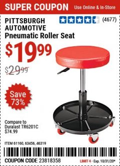 Harbor Freight Coupon MECHANIC'S ROLLER SEAT, PNEUMATIC ADJUSTABLE ROLLER SEAT Lot No. 61653, 3338, 61896, 61160, 63456, 46319 Expired: 10/31/20 - $19.99