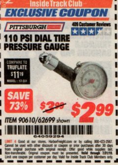 Harbor Freight ITC Coupon 110 PSI DIAL TIRE PRESSURE GAUGE Lot No. 90610, 62699 Expired: 7/31/19 - $2.99
