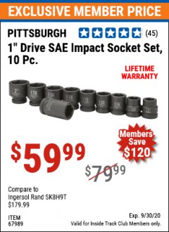 Harbor Freight ITC Coupon 10 PIECE 1" DRIVE IMPACT SOCKET SETS Lot No. 69516/67989/67987/69517 Expired: 9/30/20 - $59.99