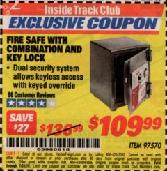Harbor Freight ITC Coupon FIRE SAFE WITH COMBINATION AND KEY LOCK Lot No. 97570 Expired: 7/31/19 - $109.99
