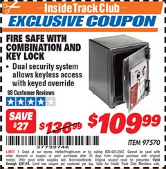 Harbor Freight ITC Coupon FIRE SAFE WITH COMBINATION AND KEY LOCK Lot No. 97570 Expired: 8/31/19 - $109.99